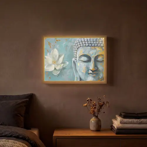 Boeddha - Bloem - Lotus - Goud - Blauw Light Box met batterij (Wandlamp) middel -sfeer4