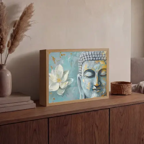Boeddha - Bloem - Lotus - Goud - Blauw Light Box met batterij (Wandlamp) middel -sfeer2