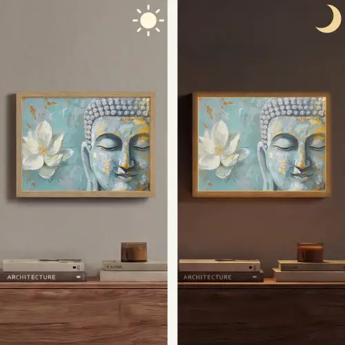 Boeddha - Bloem - Lotus - Goud - Blauw Light Box met batterij (Wandlamp) middel -sfeer3