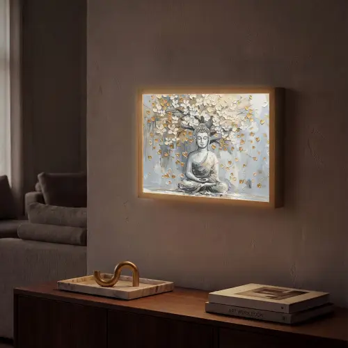 Boeddha - Bloemen - Boom - Goud - Modern Light Box met batterij (Wandlamp) middel -sfeer1