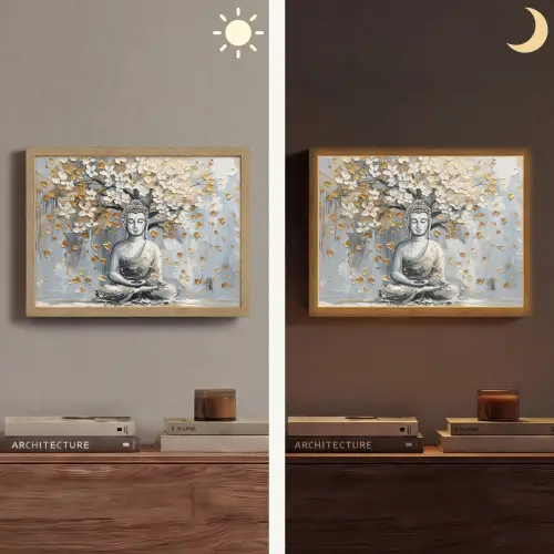 Boeddha - Bloemen - Boom - Goud - Modern Light Box met batterij (Wandlamp) middel -sfeer3