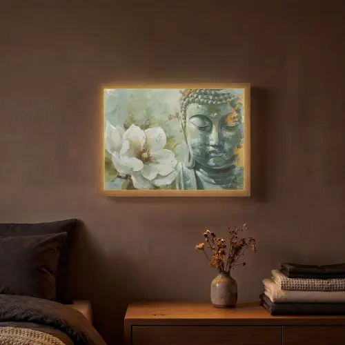 Boeddha - Groen - Lotusbloem - Wit Light Box met batterij (Wandlamp) middel -sfeer4