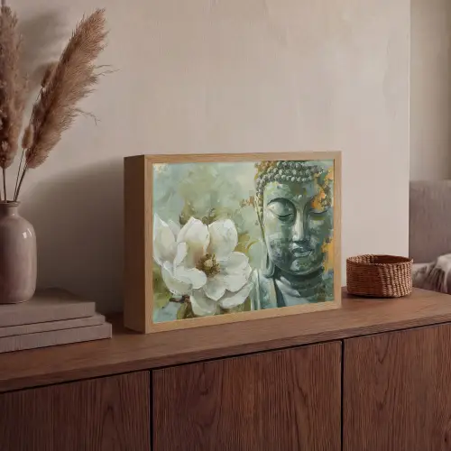 Boeddha - Groen - Lotusbloem - Wit Light Box met batterij (Wandlamp) middel -sfeer2