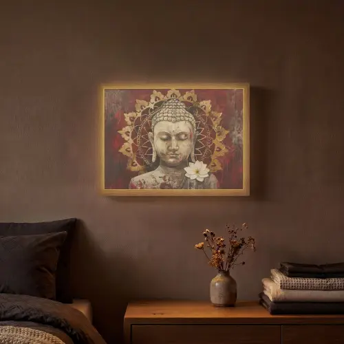 Boeddha - Mandala - Bloem - Rood - Goud - Zen Light Box met batterij (Wandlamp) middel -sfeer4