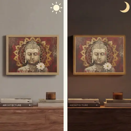 Boeddha - Mandala - Bloem - Rood - Goud - Zen Light Box met batterij (Wandlamp) middel -sfeer3