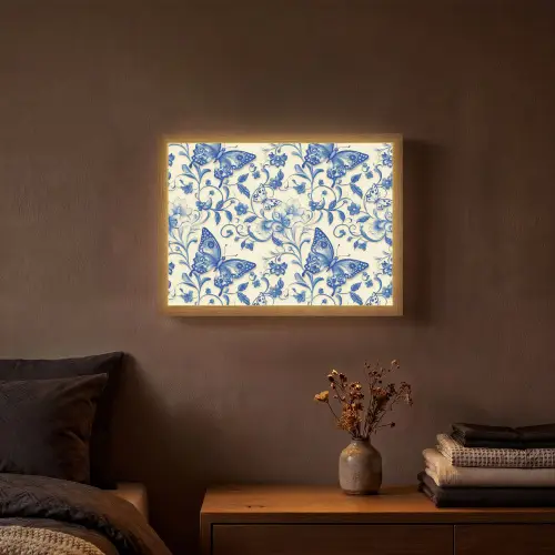 Vlinders - Bloemen - Blauw - Botanisch Light Box met batterij (Wandlamp) middel 907 -sfeer4