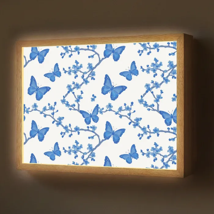 Vlinder - Bloemen - Blauw Light Box met batterij (Wandlamp) middel 907 -z3d_website