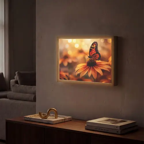 Vlinder - Bloemen - Oranje Light Box met batterij (Wandlamp) middel -sfeer1