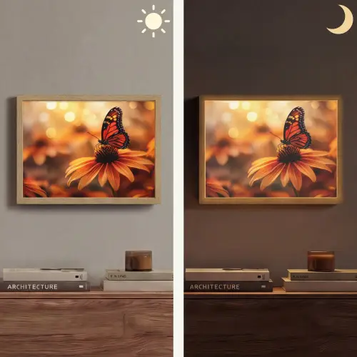 Vlinder - Bloemen - Oranje Light Box met batterij (Wandlamp) middel -sfeer3