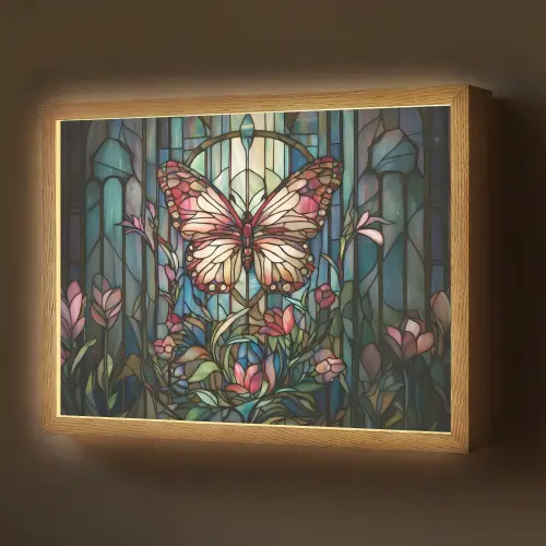 Vlinder - Roze - Bloemen - Bladeren Light Box met batterij (Wandlamp) middel -z3d_website