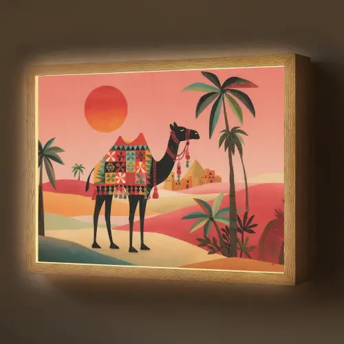 Kameel - Gekleurd tapijt - Duinen - Rode zon Light Box met batterij (Wandlamp) middel -z3d_website