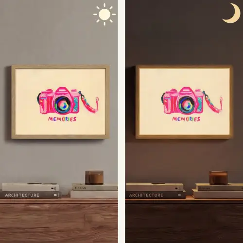 Camera - Memories - Roze - Geschilderd Light Box met batterij (Wandlamp) middel -sfeer3