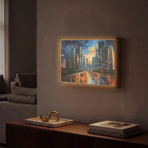 Auto - Skyline - Zon - Blauw Light Box met batterij (Wandlamp) middel -sfeer1