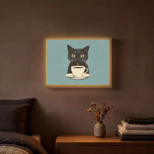 Kat - Zwart - Koffie - Minimalistisch Light Box met batterij (Wandlamp) middel -sfeer4