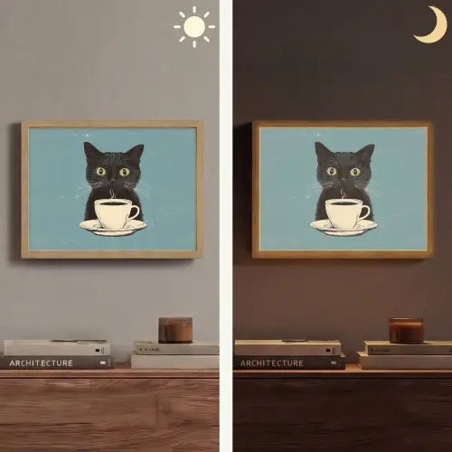 Kat - Zwart - Koffie - Minimalistisch Light Box met batterij (Wandlamp) middel -sfeer3