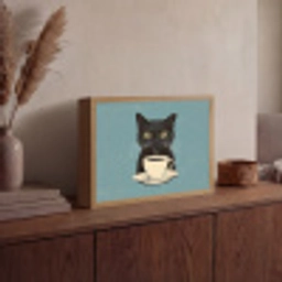 Kat - Zwart - Koffie - Minimalistisch Light Box met batterij (Wandlamp) middel -sfeer2