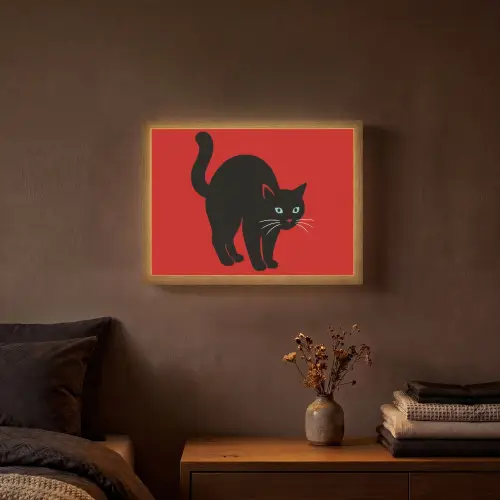 Kat - Zwart - Staart Light Box met batterij (Wandlamp) middel -sfeer4