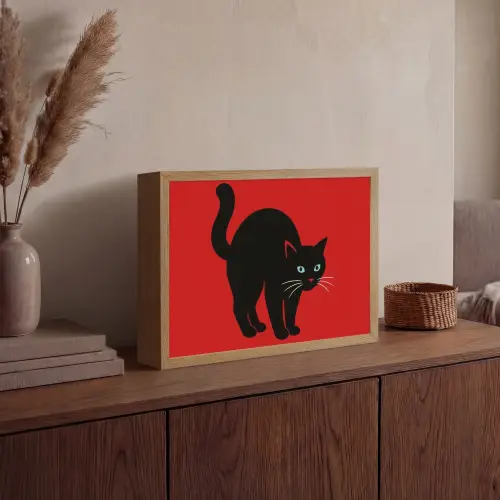 Kat - Zwart - Staart Light Box met batterij (Wandlamp) middel -sfeer2