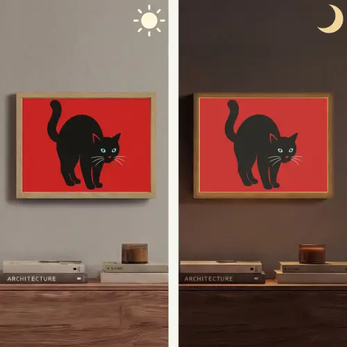 Kat - Zwart - Staart Light Box met batterij (Wandlamp) middel -sfeer3