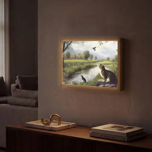 Kat - Beekje - Weide Light Box met batterij (Wandlamp) middel -sfeer1