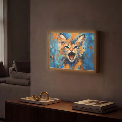 Kat - Kleurrijk - Oranje - Blauw Light Box met batterij (Wandlamp) middel -sfeer1