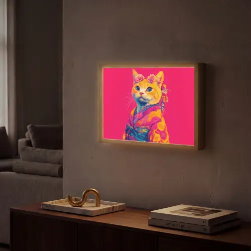 Kat - Kimono - Bloemen - Roze Light Box met batterij (Wandlamp) middel -sfeer1