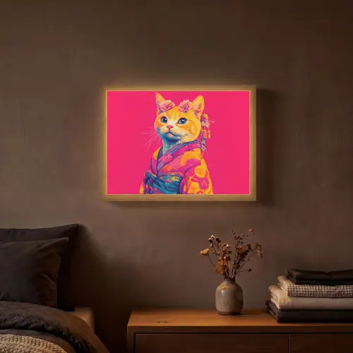 Kat - Kimono - Bloemen - Roze Light Box met batterij (Wandlamp) middel -sfeer4