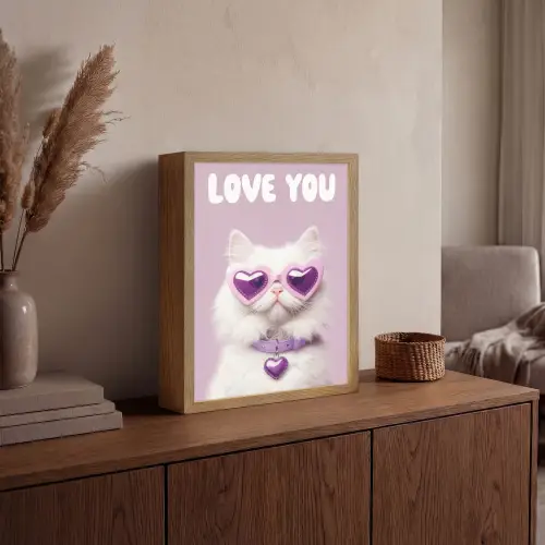 Kat - Love - Paars - Valentijn Light Box met batterij (Wandlamp) middel -sfeer2