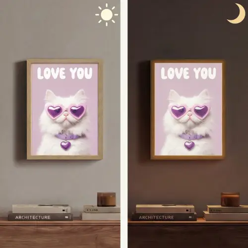 Kat - Love - Paars - Valentijn Light Box met batterij (Wandlamp) middel -sfeer3