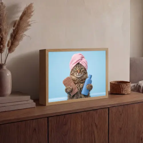 Kat - Handdoek - Washand - Zeep Light Box met batterij (Wandlamp) middel -sfeer2