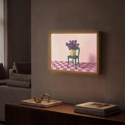 Stoel - Vaas - Bloemen - Geblokt Light Box met batterij (Wandlamp) middel -sfeer1