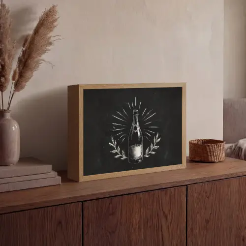 Champagnefles - Lauriertakken - Zwarte achtergrond Light Box met batterij (Wandlamp) middel -sfeer2
