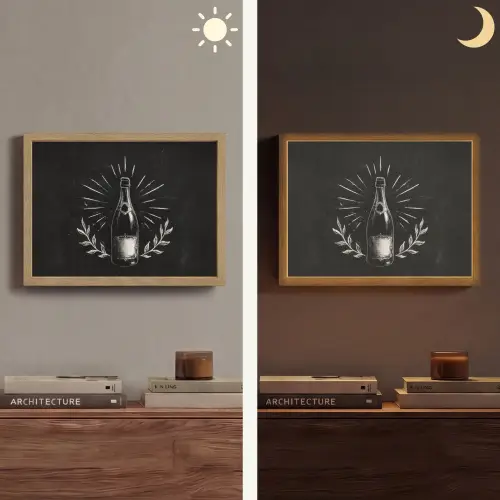 Champagnefles - Lauriertakken - Zwarte achtergrond Light Box met batterij (Wandlamp) middel -sfeer3