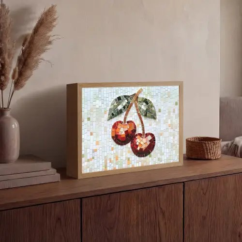 Kersen - Rood - Mozaïek - Blaadjes Light Box met batterij (Wandlamp) middel -sfeer2