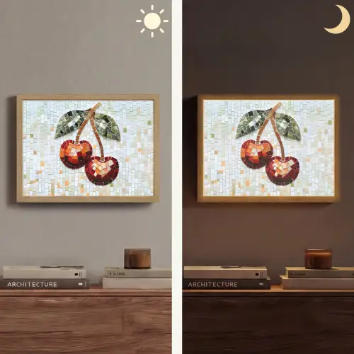 Kersen - Rood - Mozaïek - Blaadjes Light Box met batterij (Wandlamp) middel -sfeer3