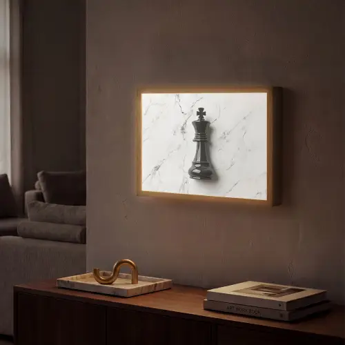 Schaakstuk - Koning - Zwart - Marmer Light Box met batterij (Wandlamp) middel -sfeer1