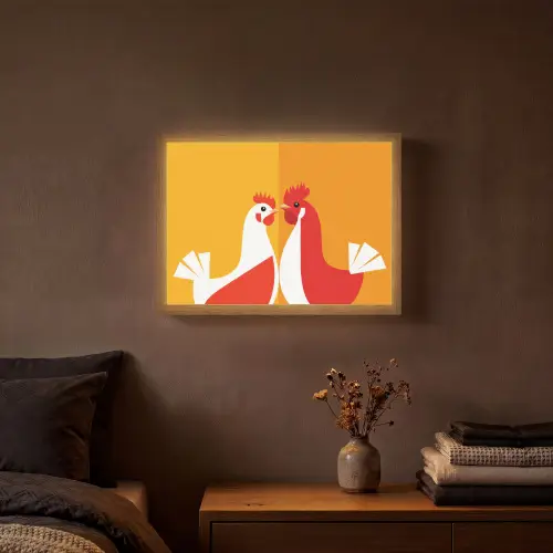 Kippen - Oranje - Vlakken Light Box met batterij (Wandlamp) middel -sfeer4