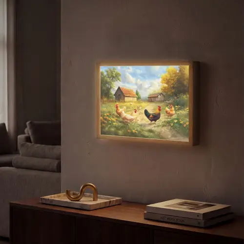 Kippen - Landelijke rust - Natuur Light Box met batterij (Wandlamp) middel -sfeer1