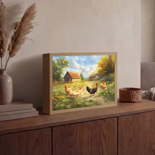 Kippen - Landelijke rust - Natuur Light Box met batterij (Wandlamp) middel -sfeer2