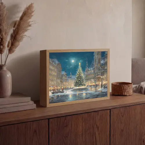 Kerstnacht - Stadsplein - Meerkleurig Light Box met batterij (Wandlamp) middel -sfeer2