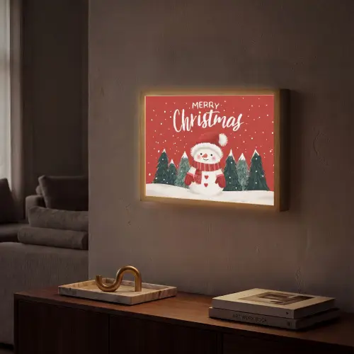 Kerstgroet - Sneeuw - Rood Light Box met batterij (Wandlamp) middel -sfeer1