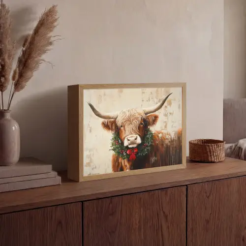 Kerst - Schotse Hooglander - Bruin - Krans Light Box met batterij (Wandlamp) middel -sfeer2