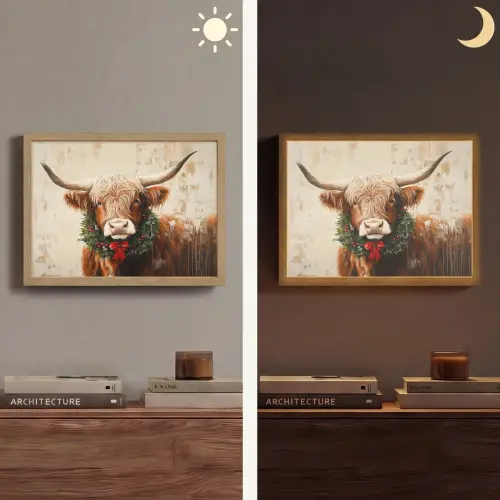 Kerst - Schotse Hooglander - Bruin - Krans Light Box met batterij (Wandlamp) middel -sfeer3