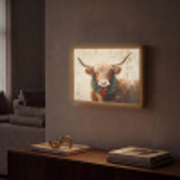 Kerst - Schotse Hooglander - Bruin - Krans Light Box met batterij (Wandlamp) middel -sfeer1