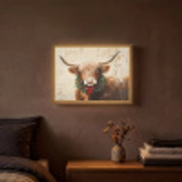 Kerst - Schotse Hooglander - Bruin - Krans Light Box met batterij (Wandlamp) middel -sfeer4