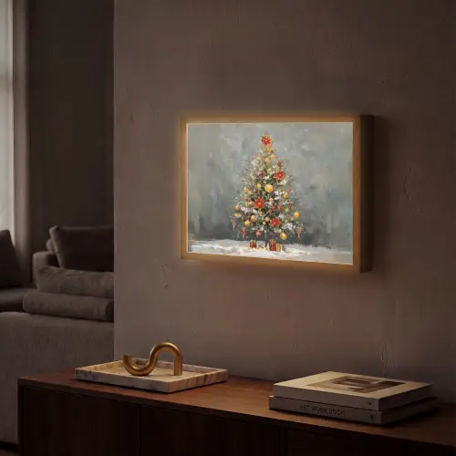 Kerstboom - Cadeaus - Rood - Goud Light Box met batterij (Wandlamp) middel -sfeer1