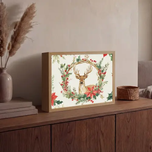 Kerstkrans - Hert - Hulst - Rood Light Box met batterij (Wandlamp) middel -sfeer2