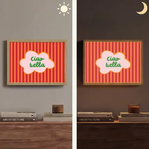 Ciao bella - Tekstwolk - Strepen - Oranje Light Box met batterij (Wandlamp) middel -sfeer3