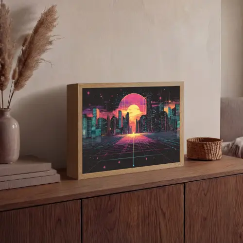 Stad - Gebouwen - Zon - Geel Light Box met batterij (Wandlamp) middel -sfeer2