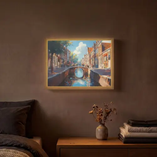 Stad - Gracht - Zon - Fietsen Light Box met batterij (Wandlamp) middel -sfeer4